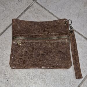 Brown Leather Wristlet Clutch